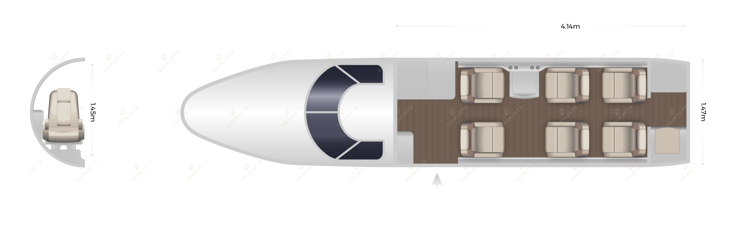 Cessna Citation CJ2 floorplan showing cabin seating layout, view 1 of 2 – private jet available for charter with OdinJets.