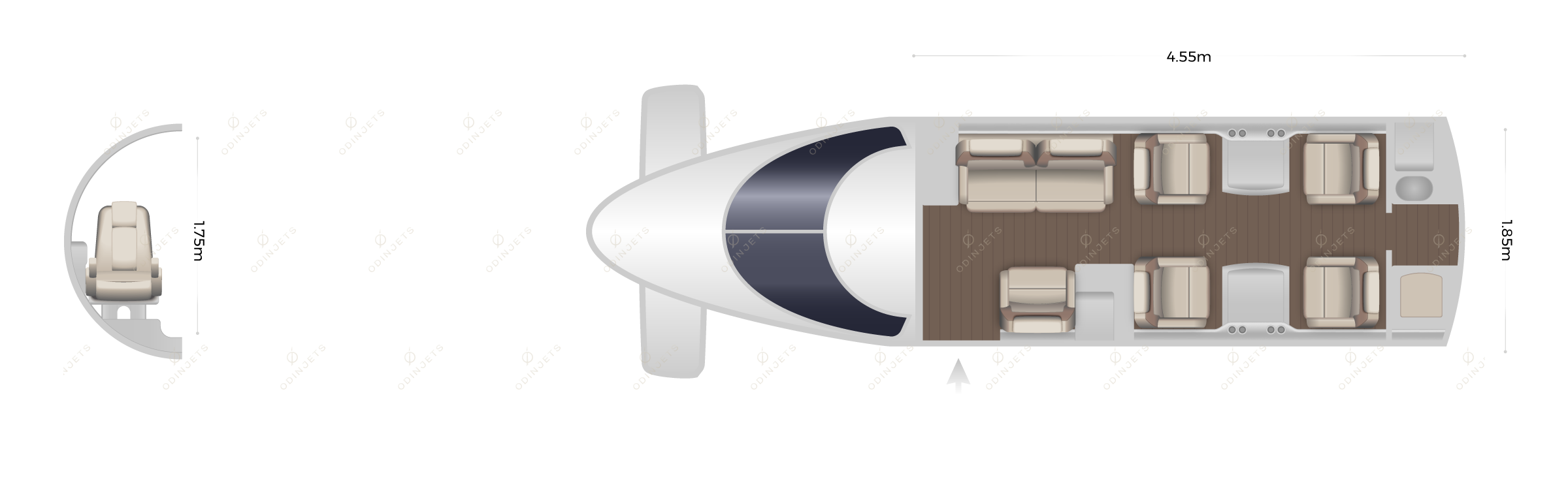 Piaggio P.180 Avanti floorplan showing cabin seating layout – private jet available for charter with OdinJets.