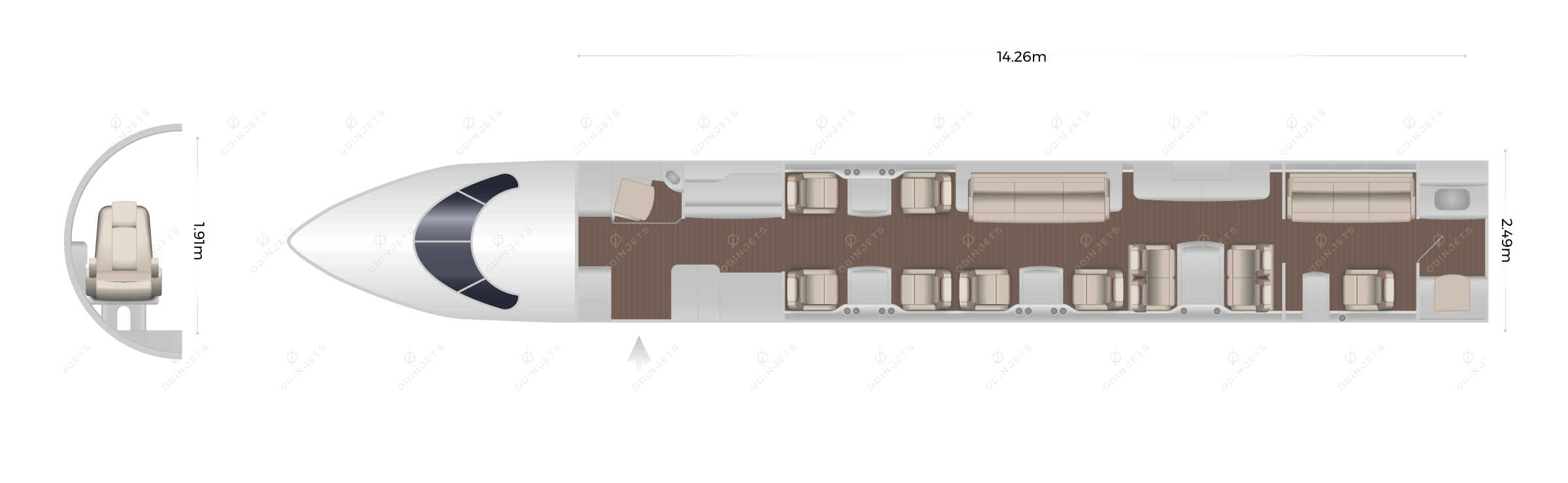 Gulfstream G800 floorplan showing cabin seating layout, private jet available for charter with OdinJets.