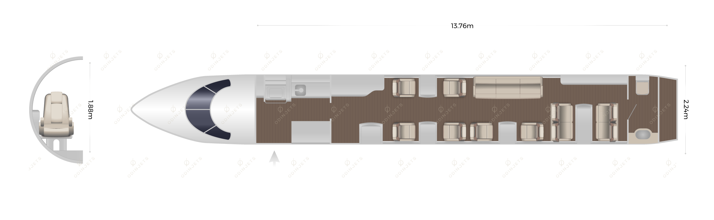 Gulfstream G350 floorplan showing cabin seating layout, private jet available for charter with OdinJets.