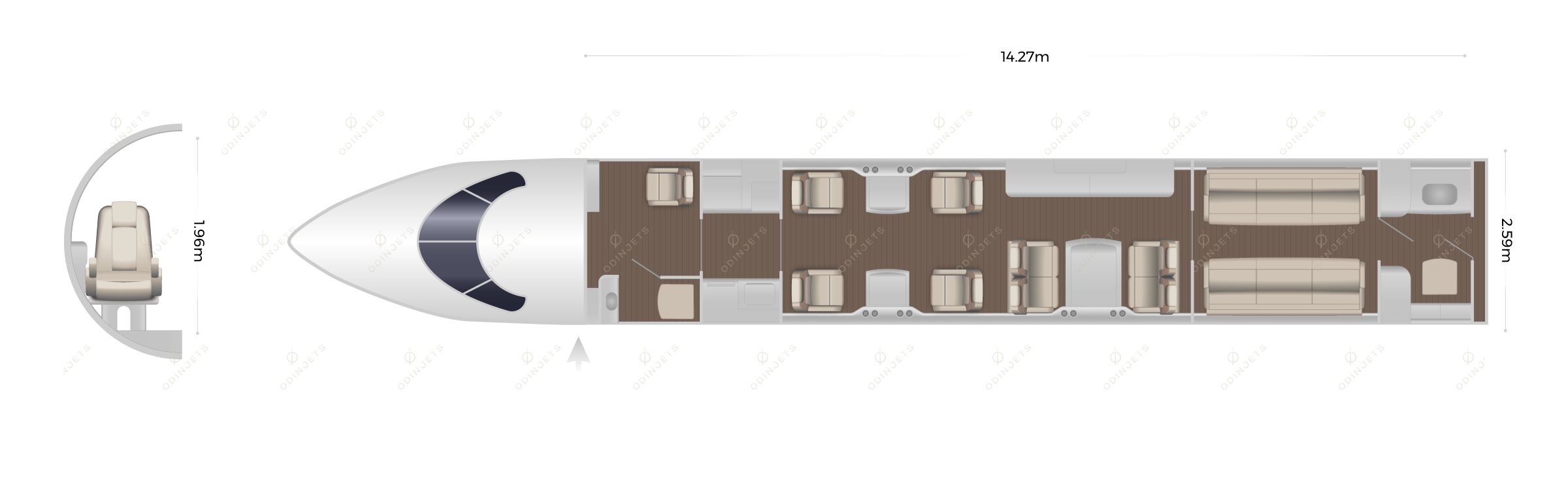 Gulfstream G650 floorplan showing cabin seating layout, view 1 of 4, private jet available for charter with OdinJets.