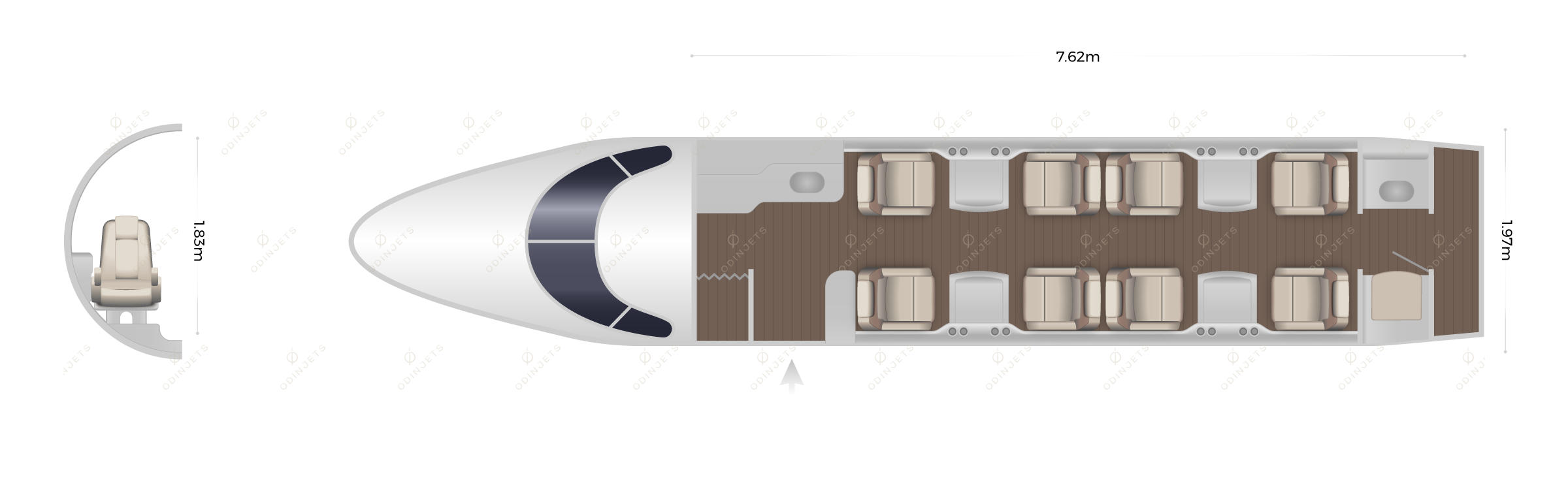 Hawker 4000 floorplan showing cabin seating layout, view 1 of 3 – private jet available for charter with OdinJets.