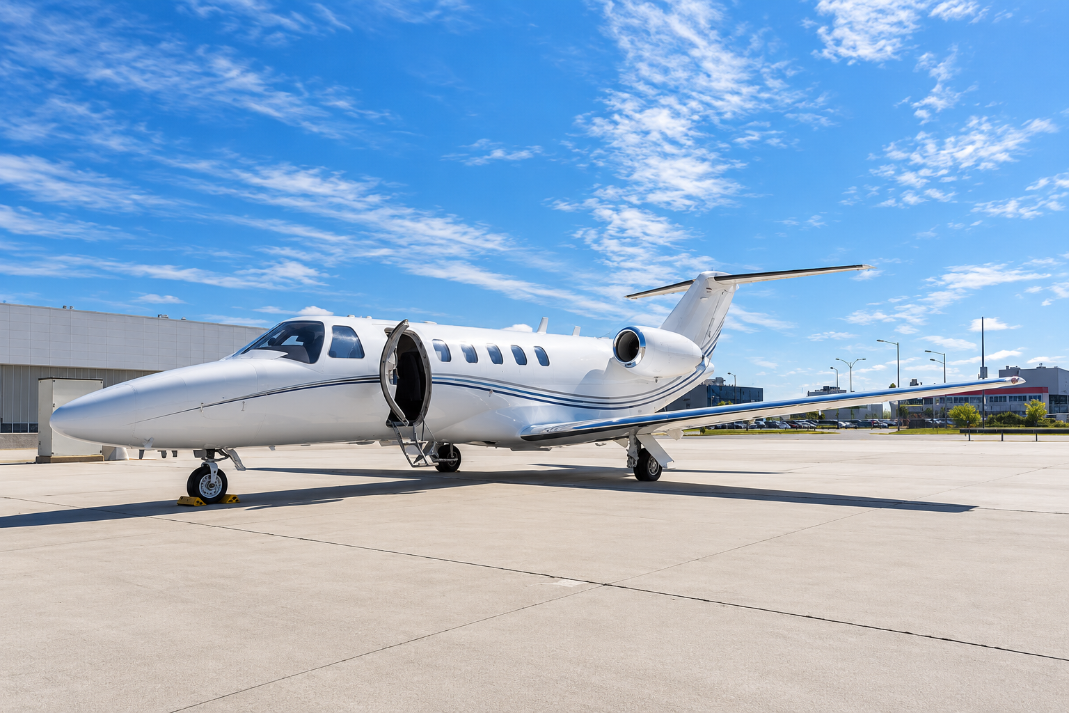 Cessna Citation CJ2 private jet parked on an airport apron with the cabin door open, shown in a bright exterior view under a clear blue sky.