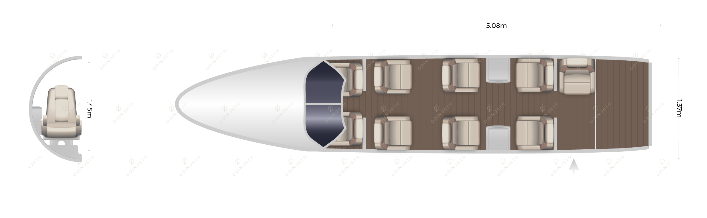 Beechcraft King Air 200 floorplan showing cabin seating layout, view 1 of 2 – private jet available for charter with OdinJets.