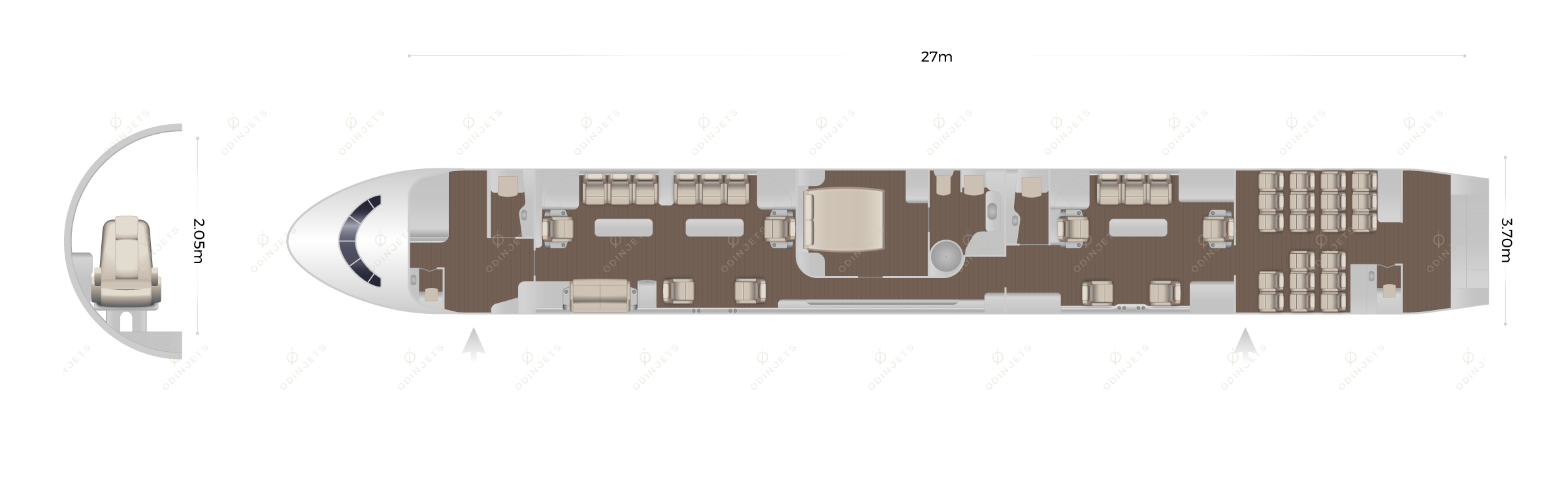 Airbus ACJ320 Prestige floorplan showing cabin seating layout – private jet available for charter with OdinJets.