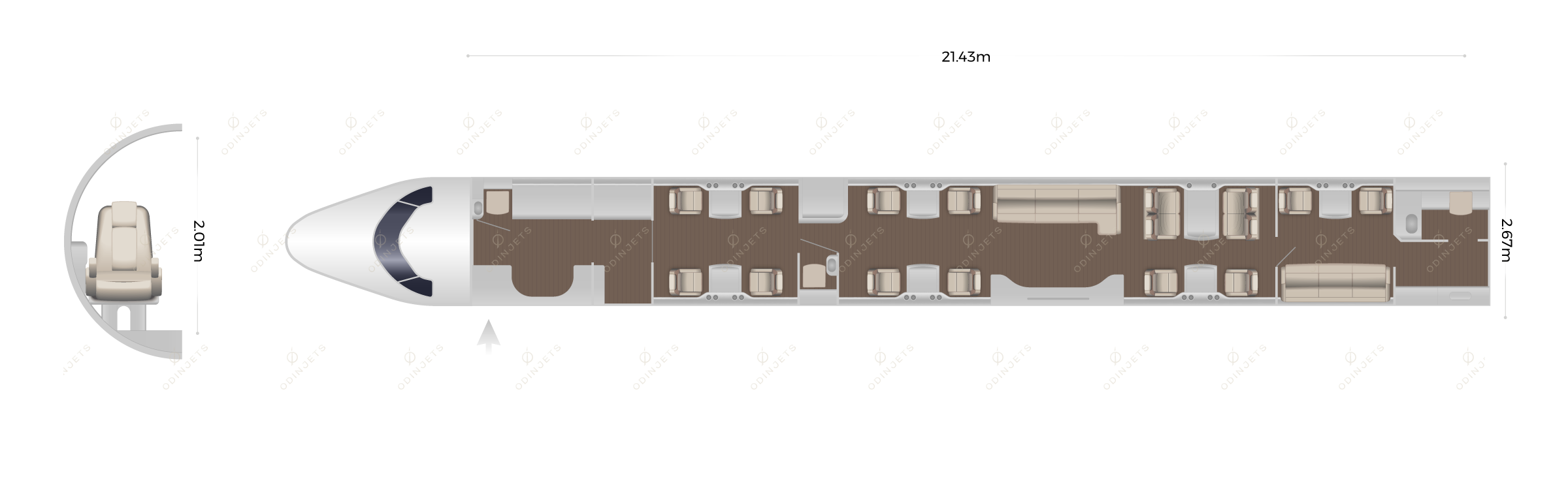 Embraer Lineage 1000 floorplan showing cabin seating layout, view 1 of 2 – private jet available for charter with OdinJets.