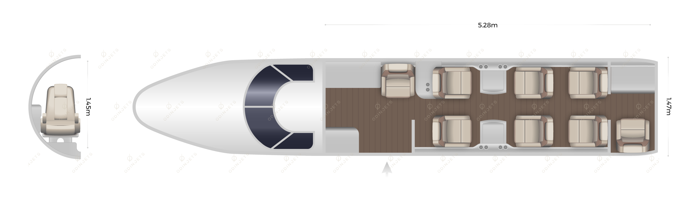 Cessna Citation CJ4 floorplan showing cabin seating layout, private jet available for charter with OdinJets.