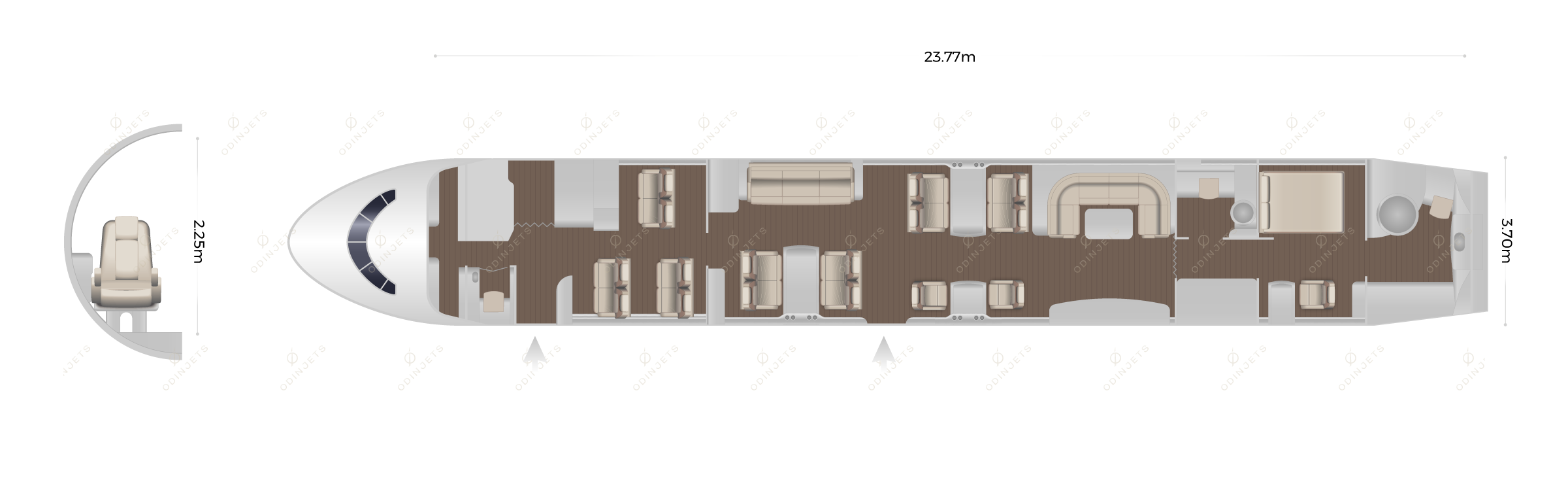 Airbus ACJ319 (A319CJ) Corporate Jet floorplan showing cabin seating layout, private jet available for charter with OdinJets.
