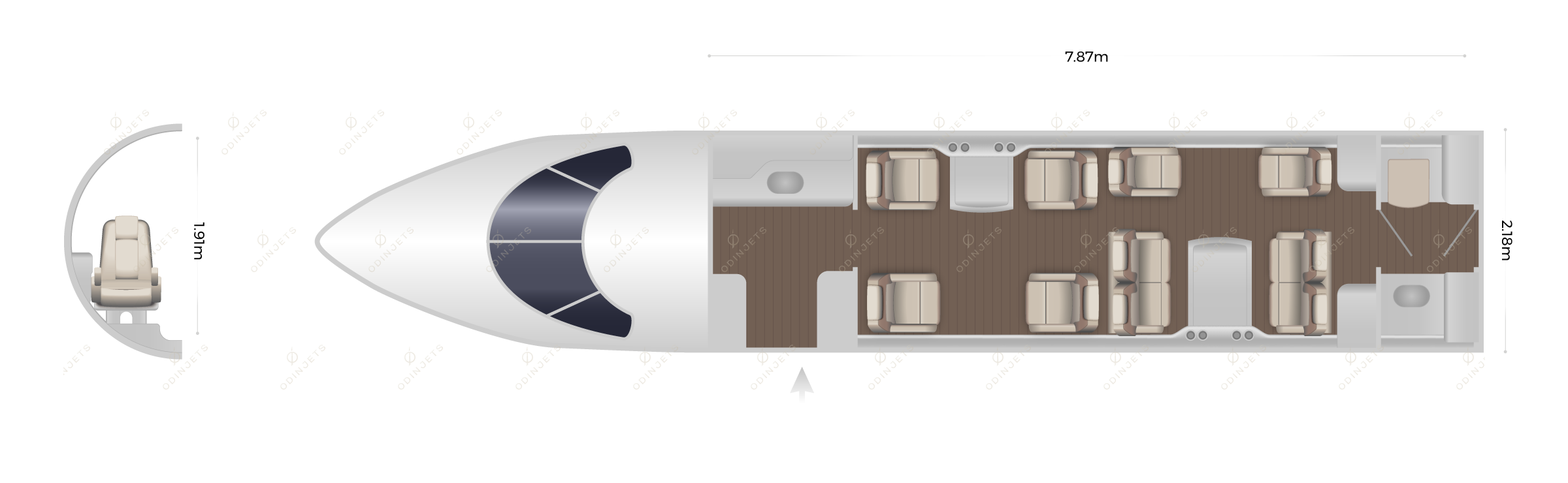Gulfstream G280 floorplan showing cabin seating layout, view 1 of 3 – private jet available for charter with OdinJets.