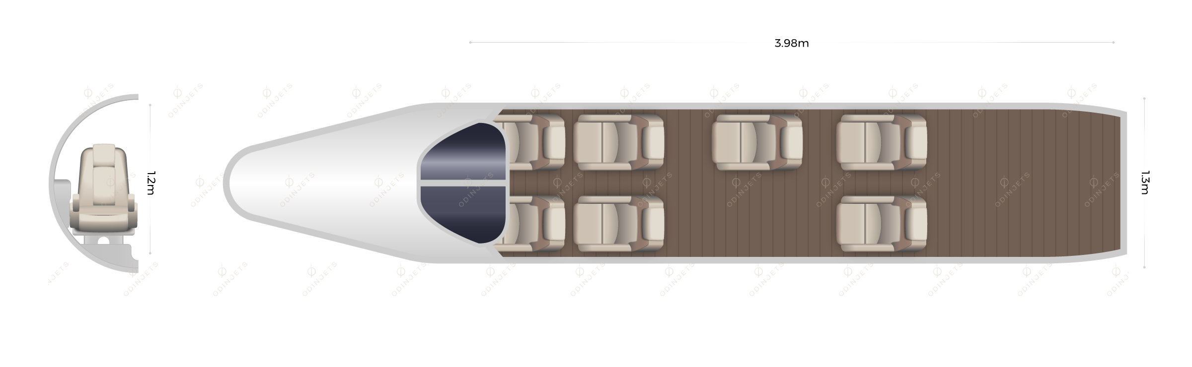 Aviator TP-600 floorplan showing cabin seating layout – private jet available for charter with OdinJets.