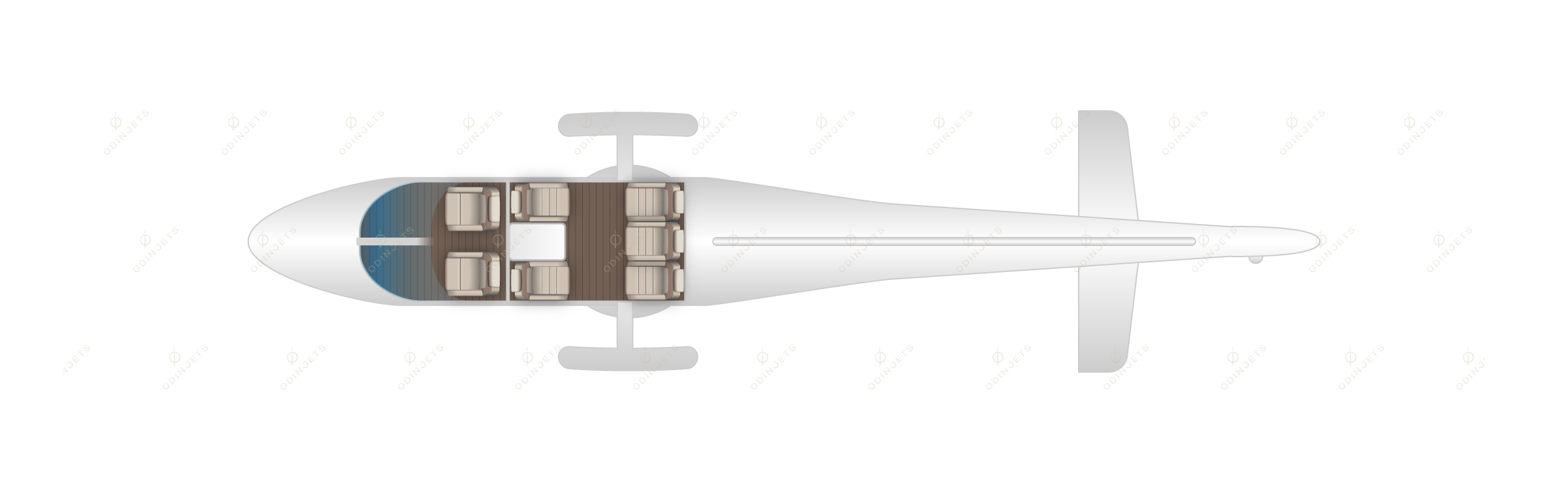 AgustaWestland AW109 floorplan showing cabin seating layout – helicopter charter available with OdinJets.