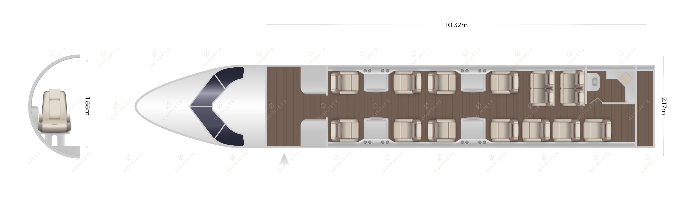 Dornier 328 VIP floorplan showing cabin seating layout, view 1 of 2 – private jet available for charter with OdinJets.