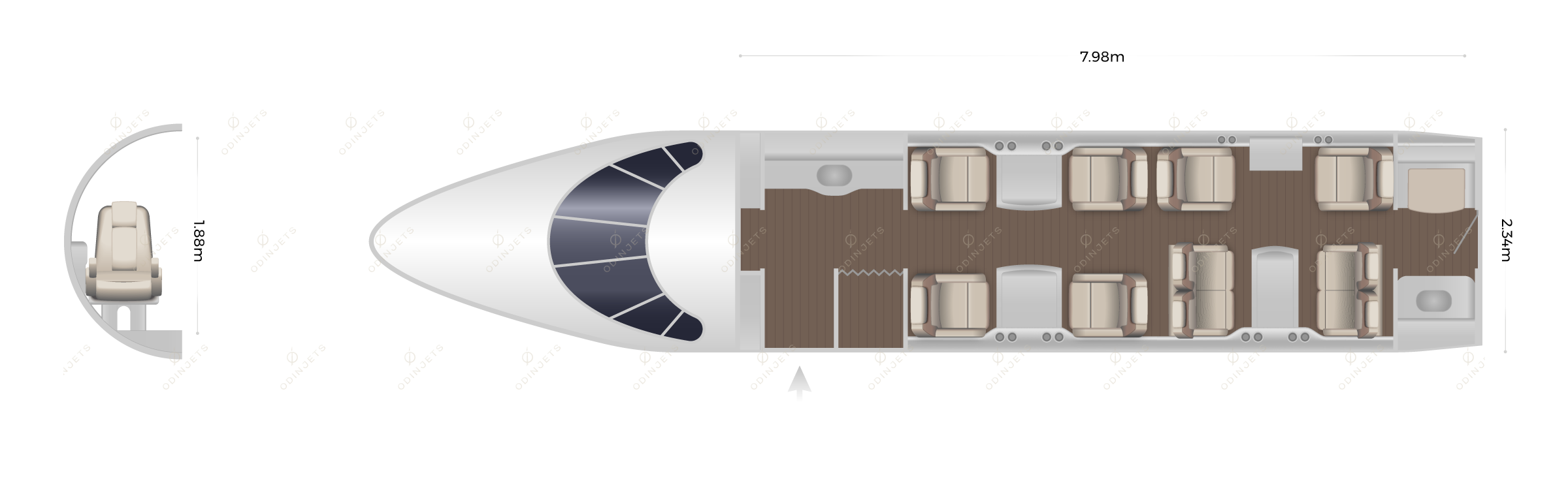 Dassault Falcon 2000EX / LX / LXS / S floorplan showing cabin seating layout, private jet available for charter with OdinJets.