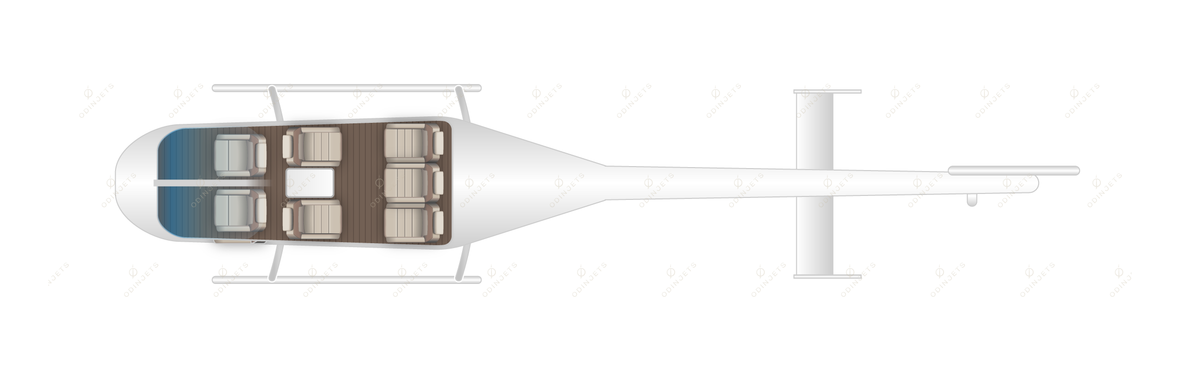 Bell 407 floorplan showing cabin seating layout – helicopter charter available with OdinJets.