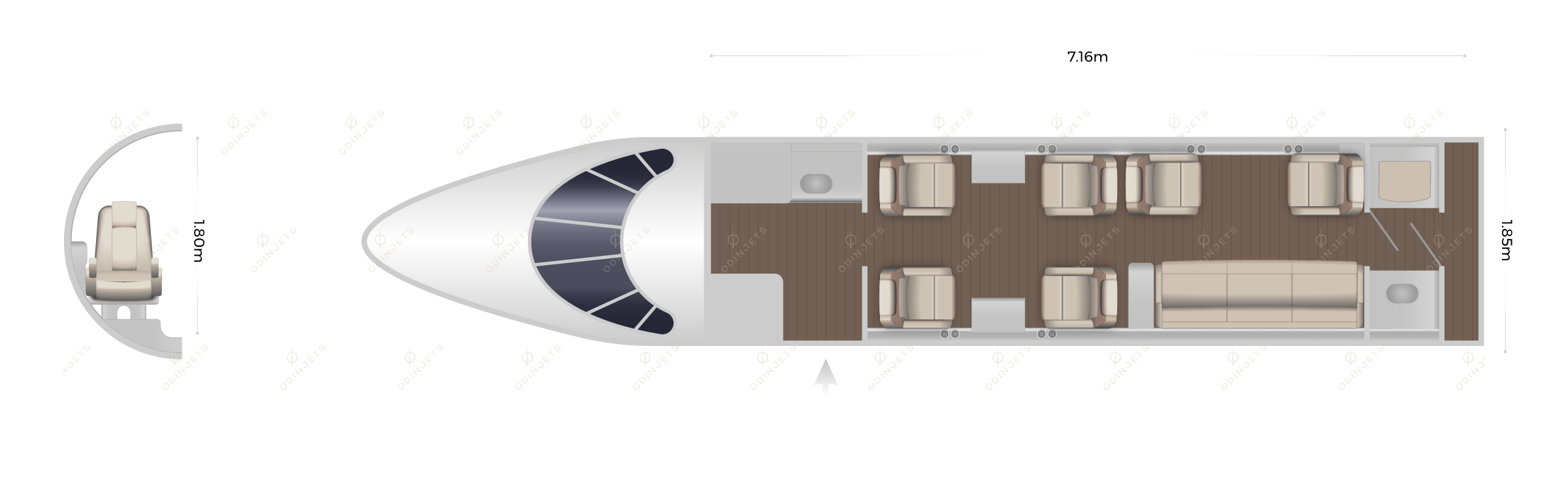 Dassault Falcon 50 / 50EX floorplan showing cabin seating layout, private jet available for charter with OdinJets.