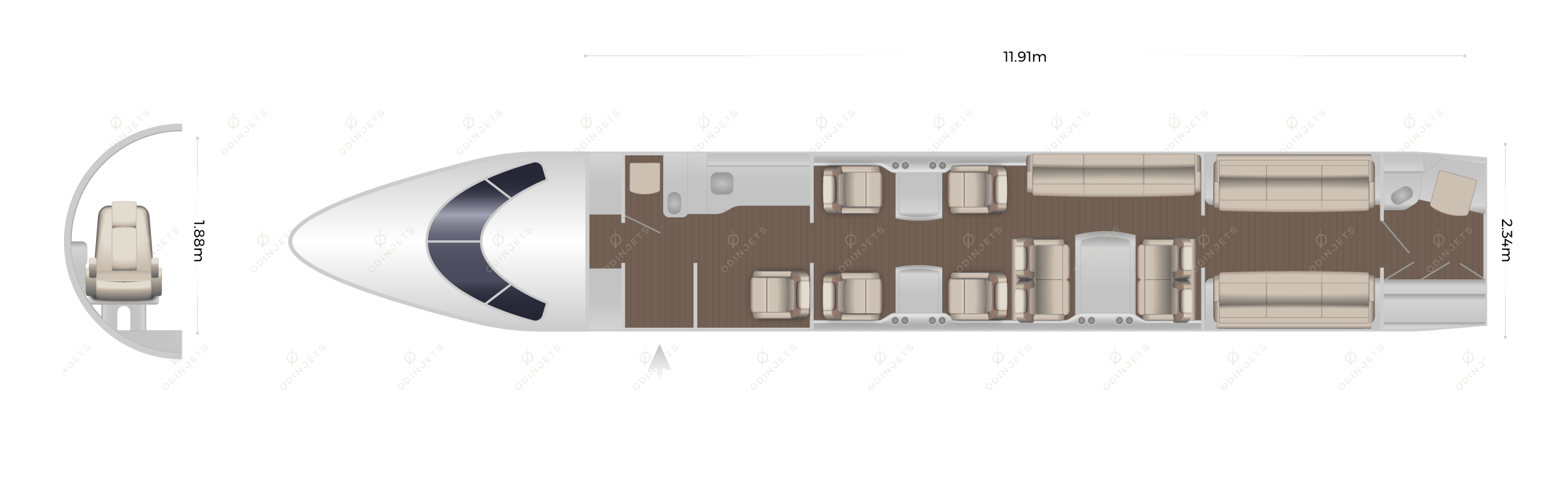 Dassault Falcon 7X floorplan showing cabin seating layout, jet available for charter with OdinJets.