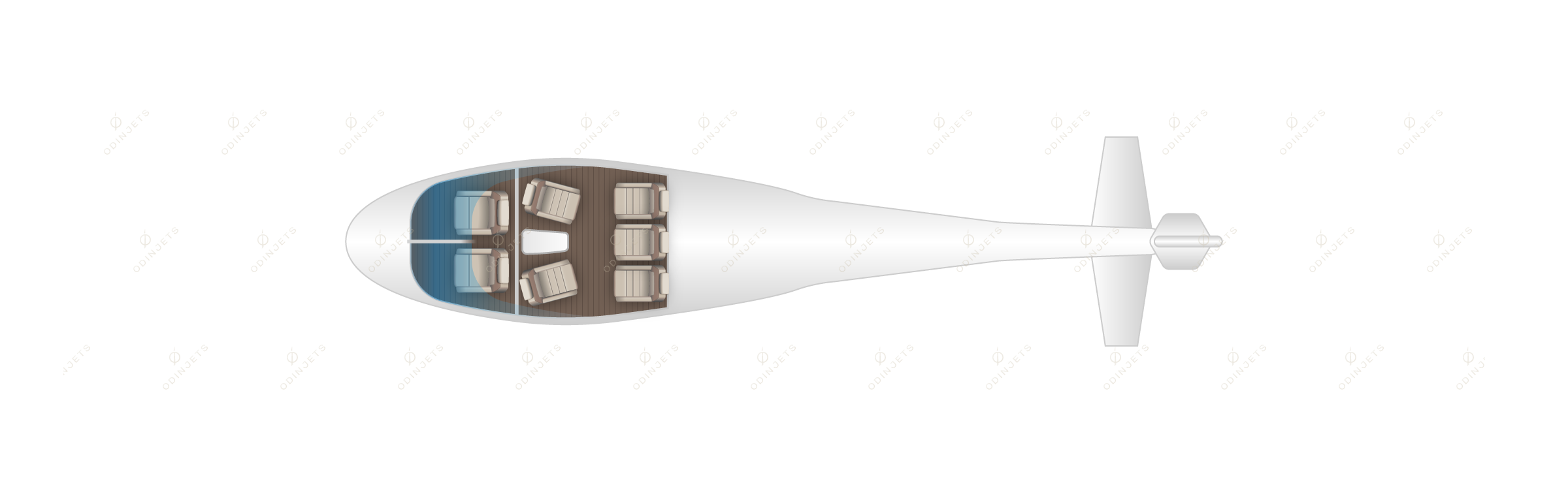 Sikorsky S-76 floorplan showing cabin seating layout – helicopter charter available with OdinJets.