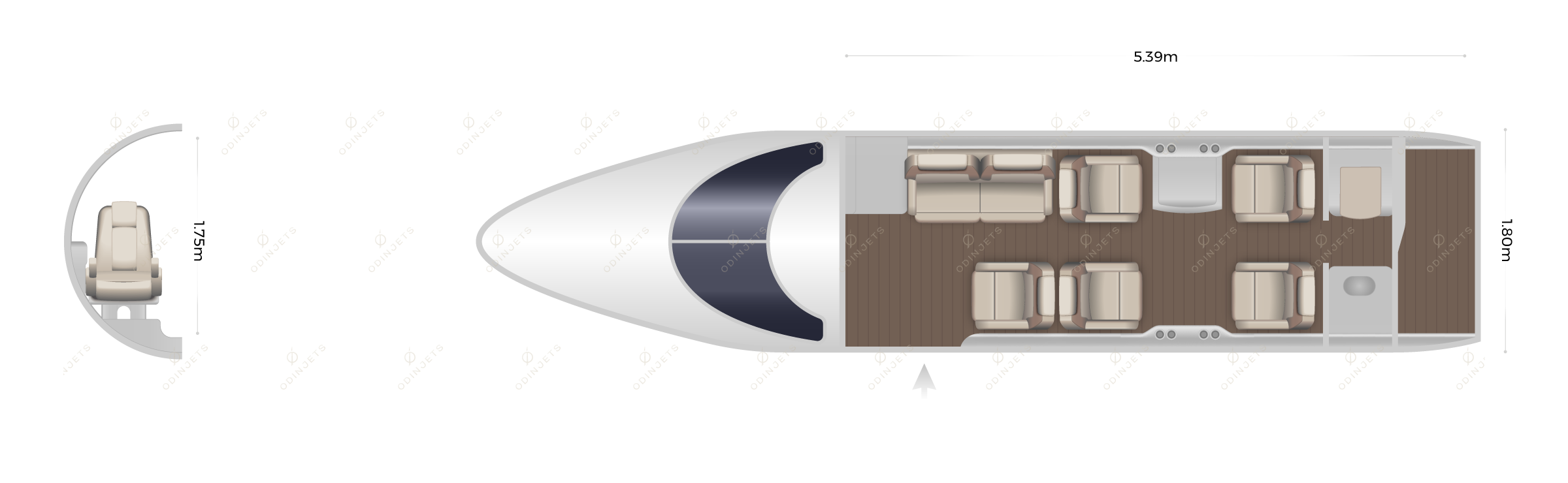 Bombardier Learjet 60 / 60XR floorplan showing cabin seating layout, private jet available for charter with OdinJets.