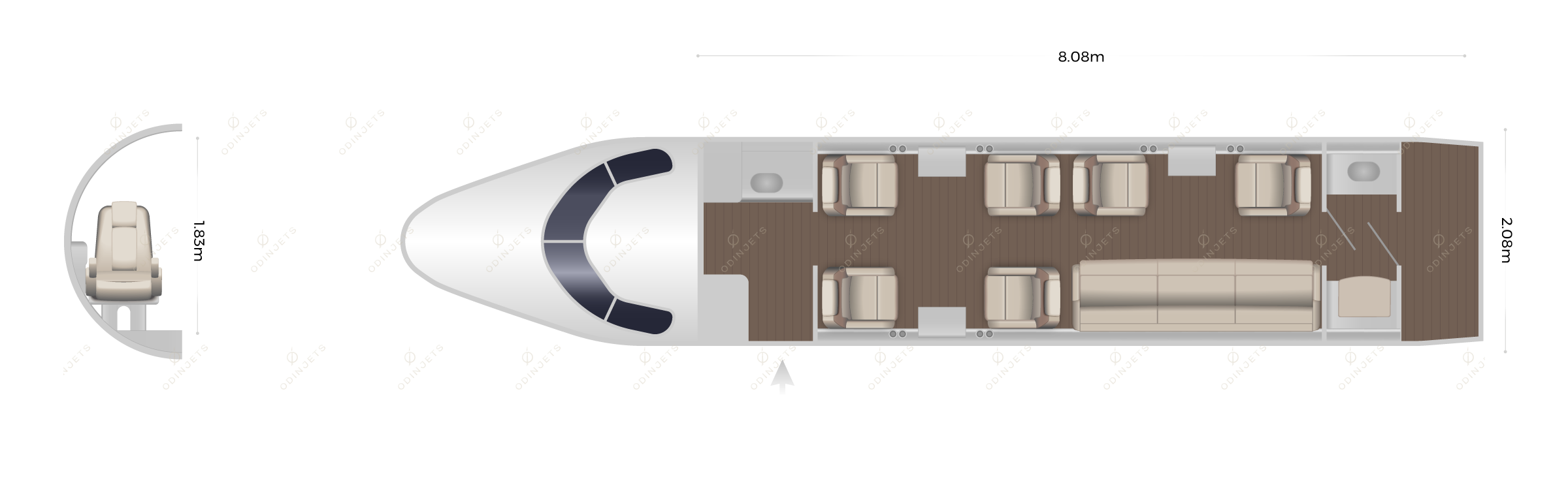 Embraer Praetor 600 floorplan showing cabin seating layout, view 1 of 2 – private jet available for charter with OdinJets.