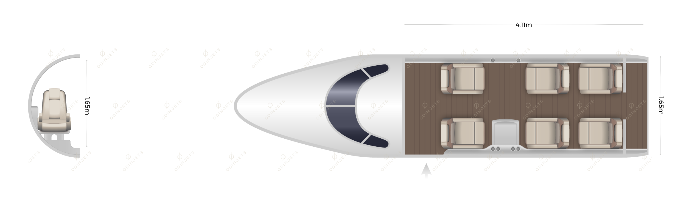 Hawker Beechcraft Premier I floorplan showing cabin seating layout, view 1 of 2 – private jet available for charter with OdinJets.