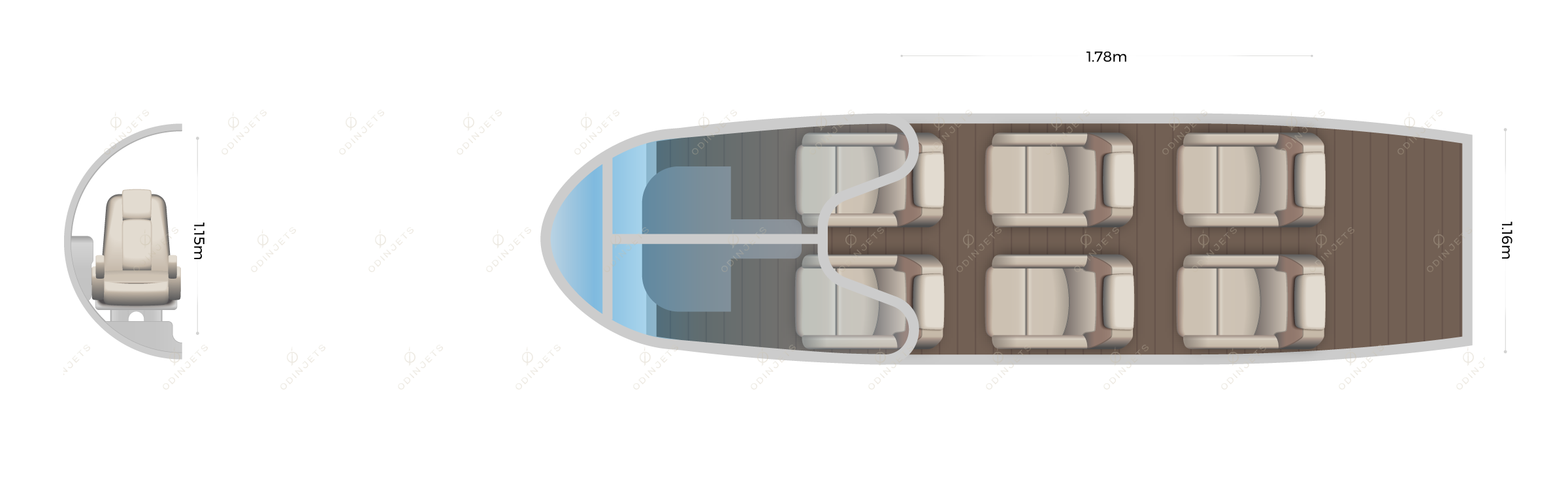 Aviator TP-600 floorplan showing cabin seating layout – private jet available for charter with OdinJets.