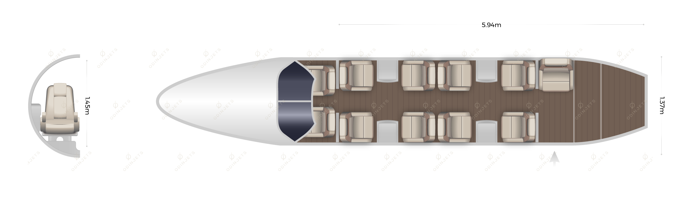 Beechcraft King Air 350 floorplan showing cabin seating layout, view 1 of 2 – private jet available for charter with OdinJets.