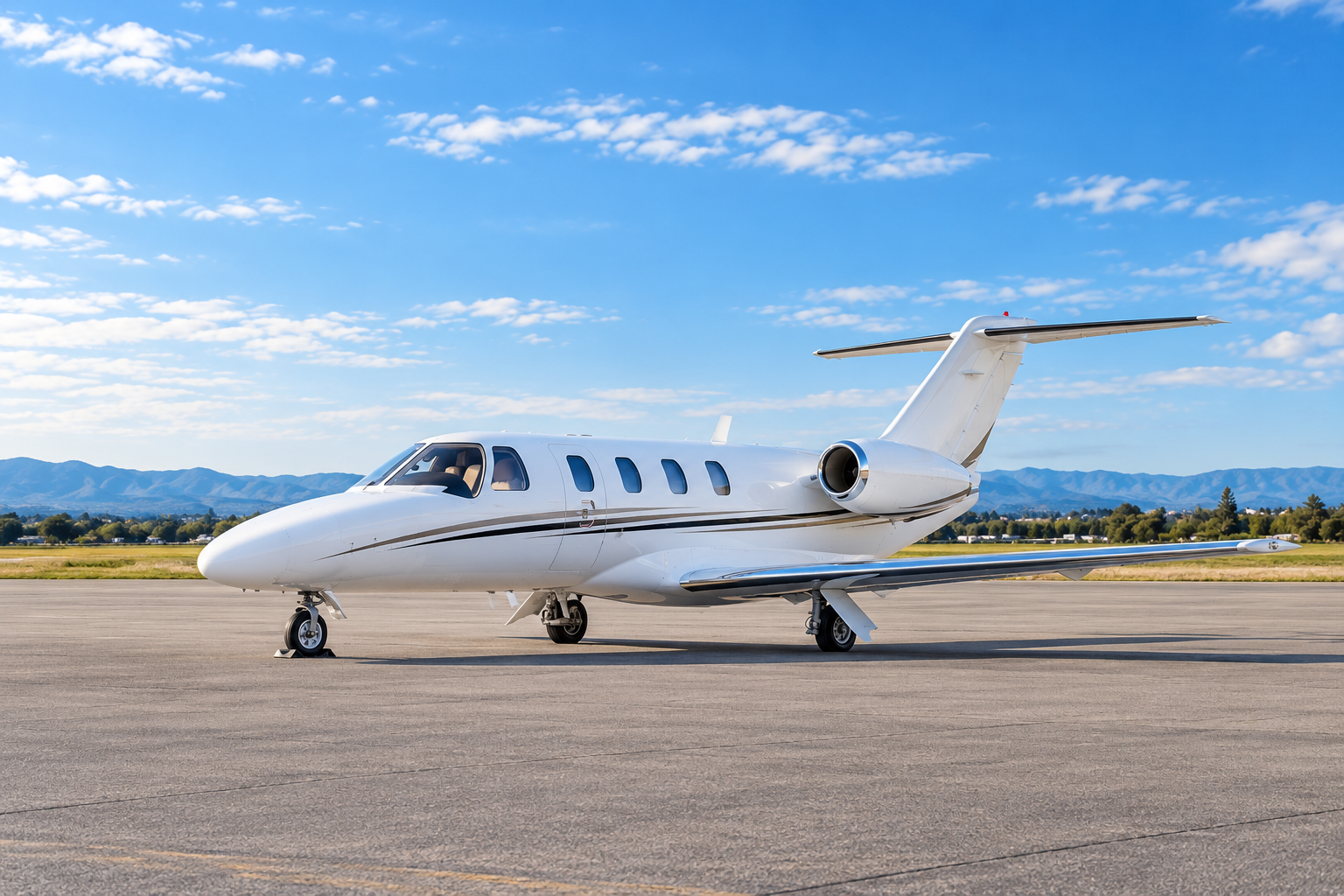 Cessna Citation CJ1 private jet parked on an airport apron, shown in a wide exterior view with mountains and blue sky in the background.