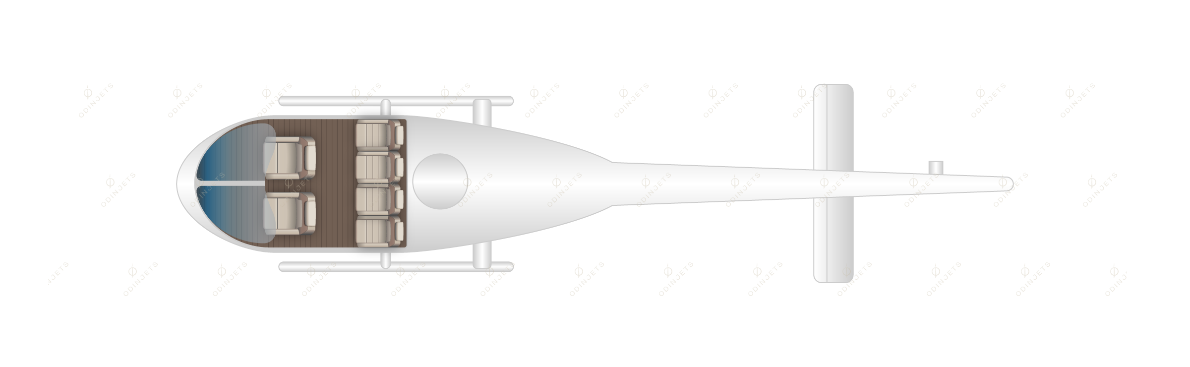 Airbus AS350 Écureuil floorplan showing cabin seating layout – helicopter charter available with OdinJets.