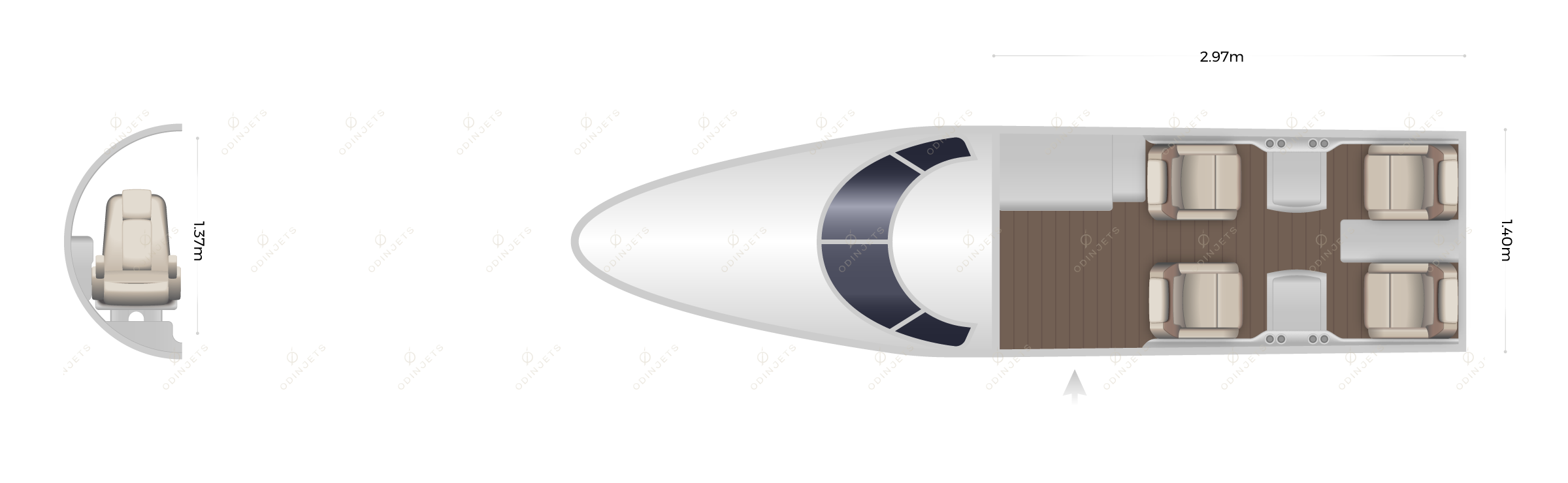 Cessna Citation Mustang floorplan showing cabin seating layout – private jet available for charter with OdinJets.