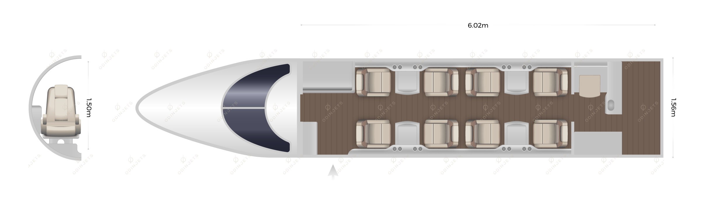 Bombardier Learjet 45 / 45XR floorplan showing cabin seating layout – private jet available for charter with OdinJets.