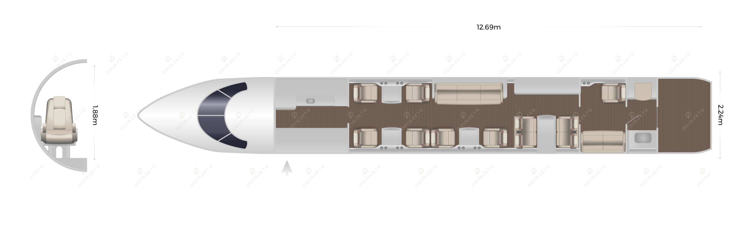Gulfstream GV floorplan showing cabin seating layout, private jet available for charter with OdinJets.
