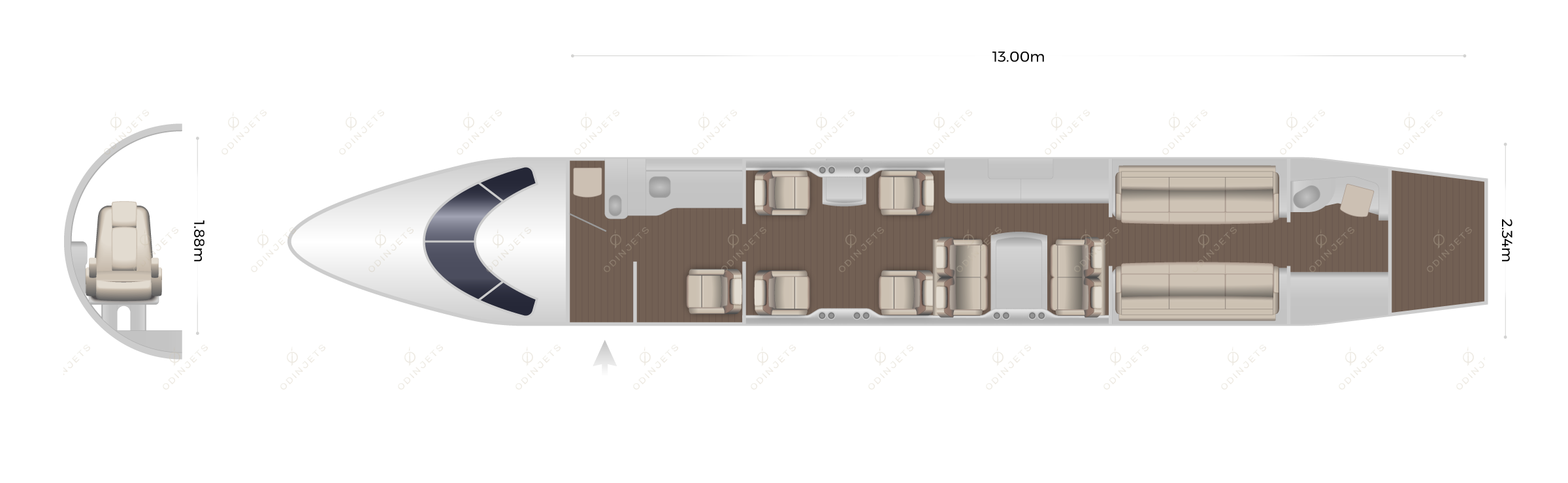 Dassault Falcon 8X floorplan showing cabin seating layout, jet available for charter with OdinJets.