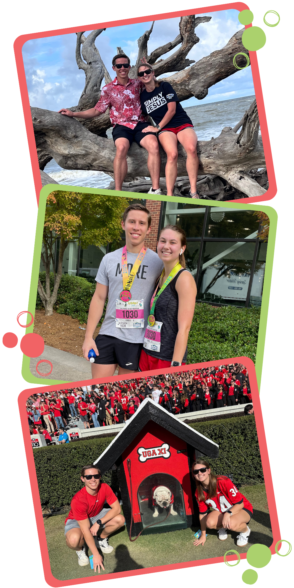 Ashley Tillery, founder and occupational therapist at Flourish Therapy Service, enjoying life outside of the clinic — traveling with her husband, celebrating after a race, and cheering on the Georgia Bulldogs in the Athens community.