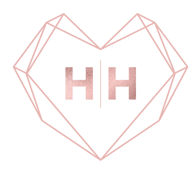 A geometric pink heart outline with the letters 'HH' inside, separated by a vertical line.