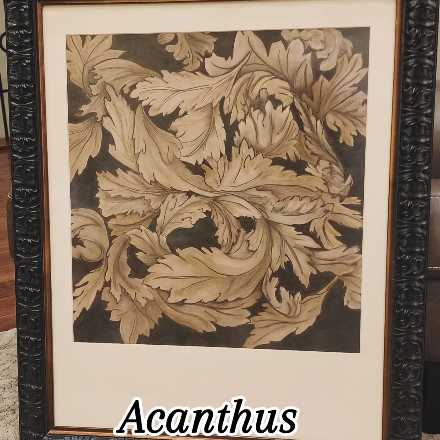 Acanthus leaves are an absolute favorite of mine, and after so many drawings of them from the layout and rough draft through completion of the finished painting, I may be drawing these leaves in my sleep yet for some time.  I hope you enjoy my interp