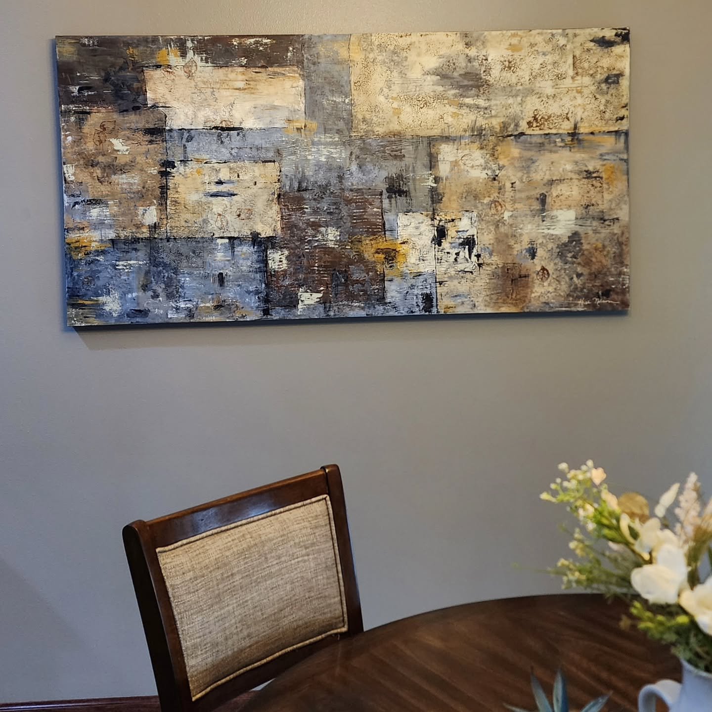So much thought and planning went into this commission, that when I finally got to the paint-on- canvas stage, everything really just flowed. 

The first photo is the painting in it's new home and the others are closeups showing some of the texture a