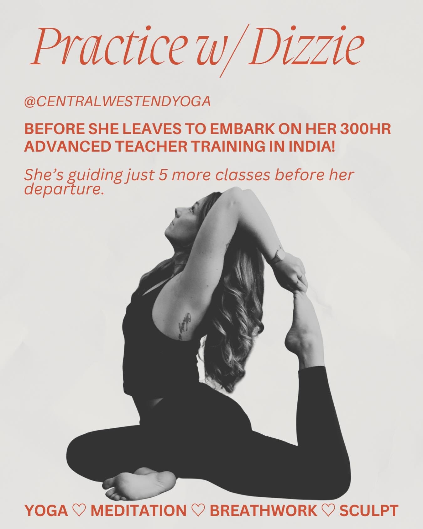 Before she goes 🌿 five more classes with Dizzie before a brief sabbatical.

Tonight (Thurs): Vin + Yin (subbing for Rose)
Saturday: 9am Flow, 10:30 Deep Stretch
Wednesday: 7am Mindful Mornings, 8:30 Flow

Slow down. Show up. 🤎