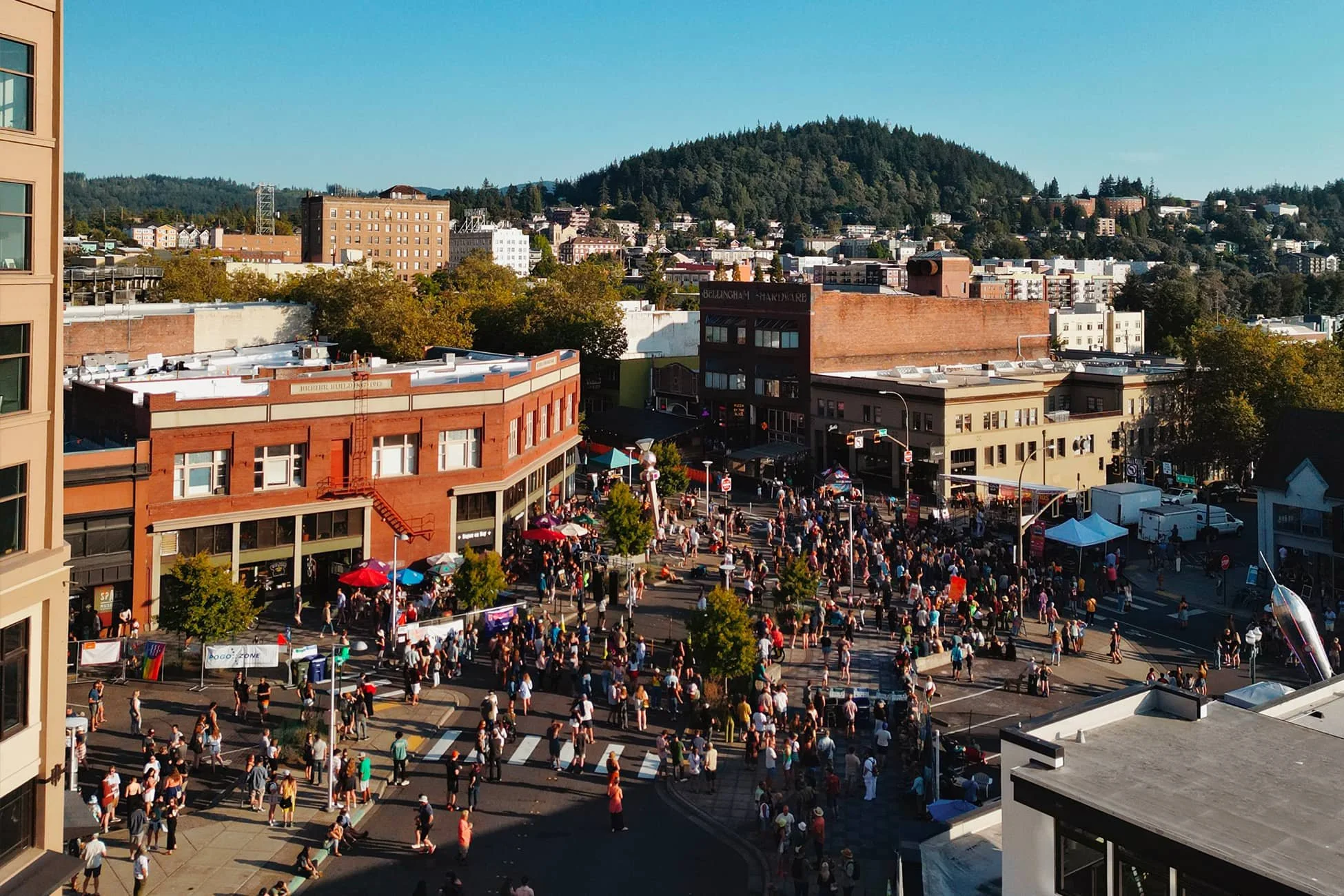 Aerial image of a vibrant downtown Bellingam, Washington
