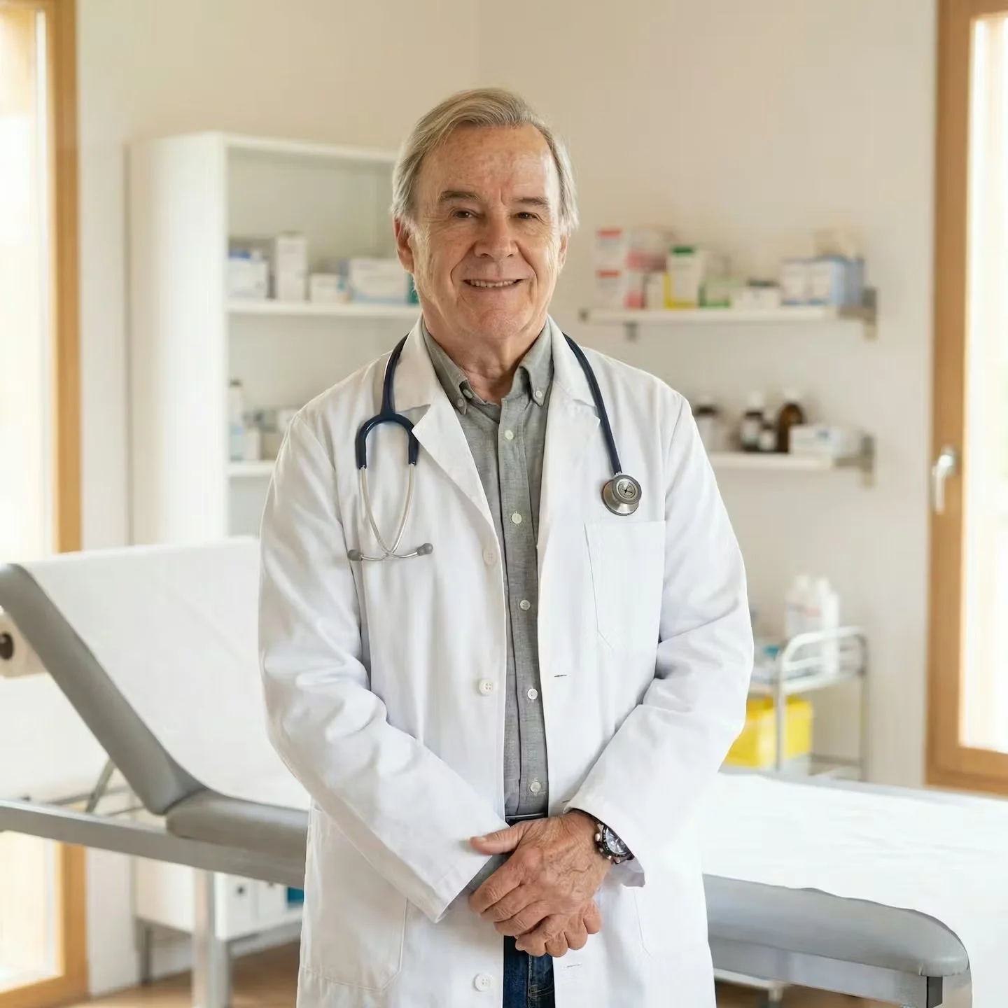 Médico hombre mayor sonriendo en consultorio médico con bata blanca y estetoscopio