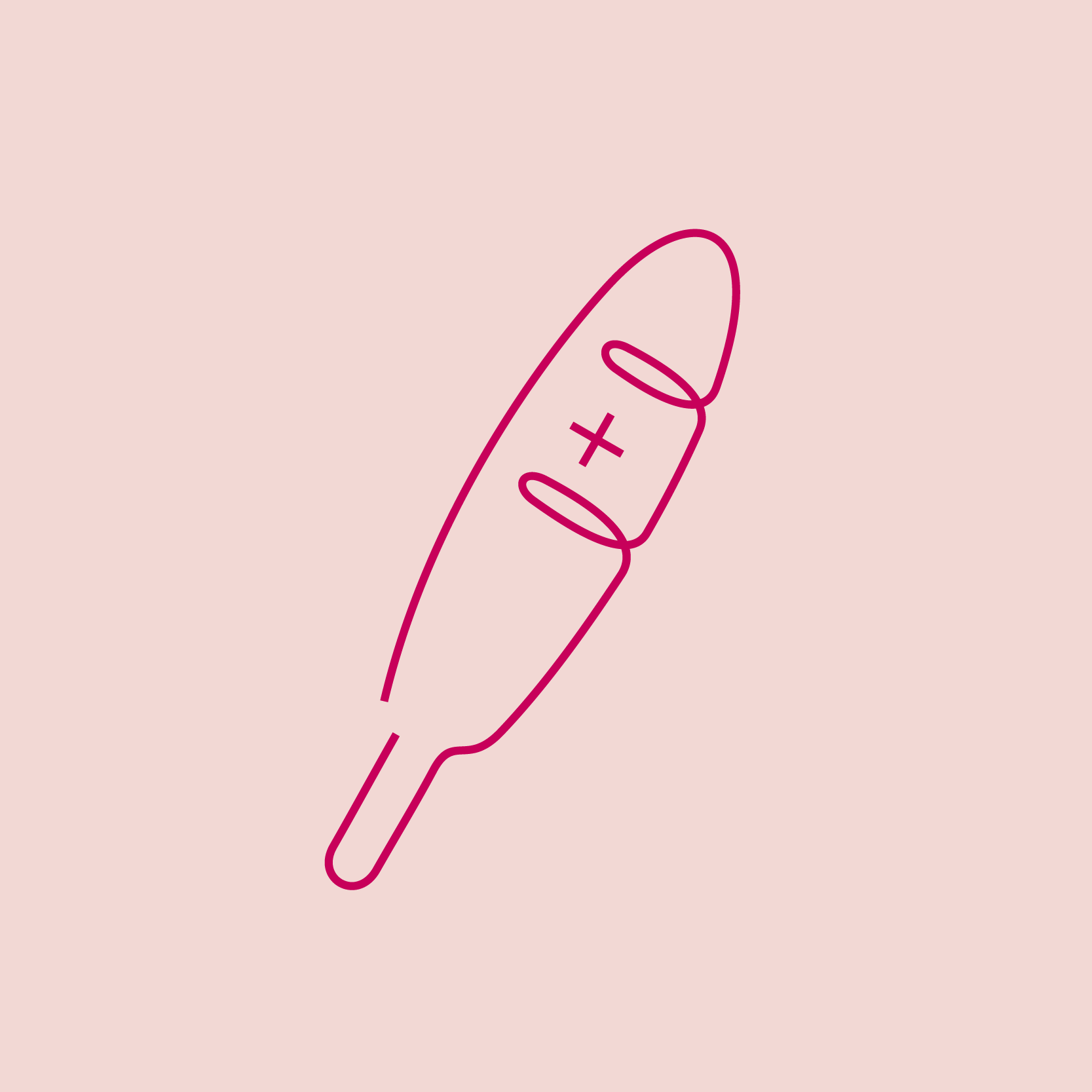 Dibujo lineal de un vibrador con símbolos de más y menos en su interior, en estilo minimalista sobre fondo rosa claro.