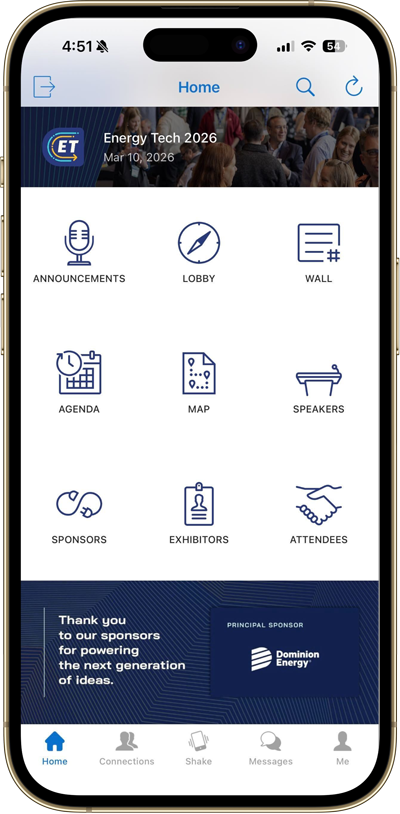 A mobile app screen showing the home page of the Energy Tech 2026 conference app, with options for Announcements, Lobby, Wall, Agenda, Map, Speakers, Sponsors, Exhibitors, Attendees, and a banner thanking sponsors.