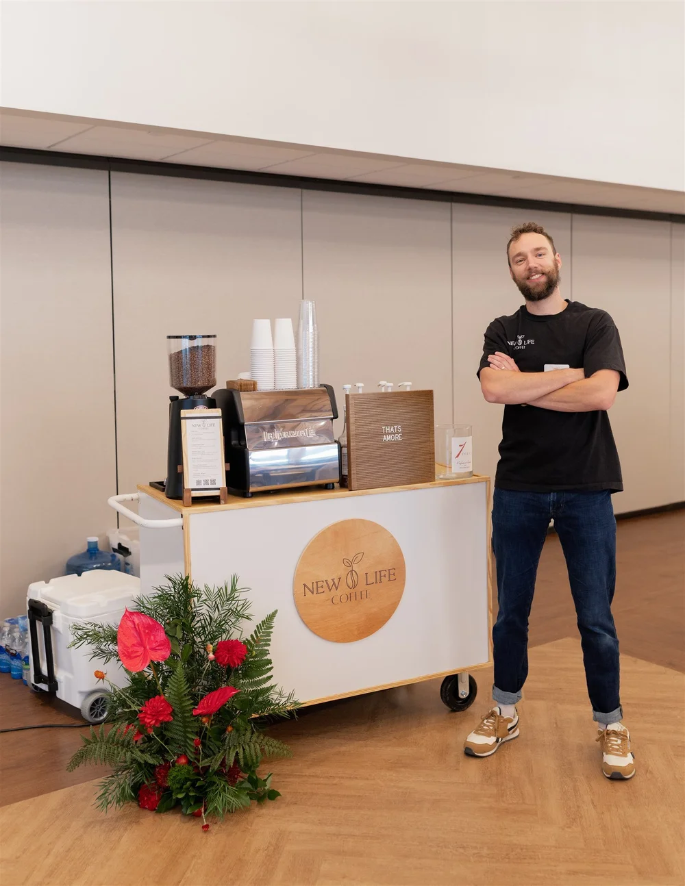 New Life Coffee Company barista beside a mobile espresso cart at a Lancaster, Pennsylvania event