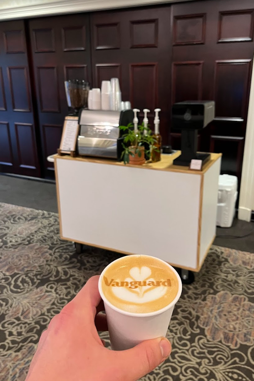Branded latte and coffee cart at a Vanguard corporate event