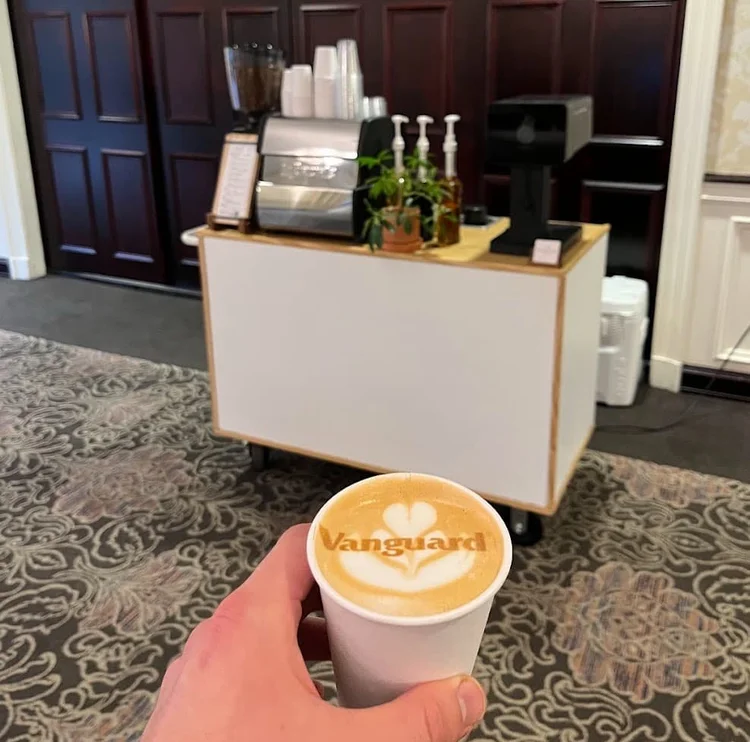 Branded New Life Coffee Company coffee cart serving a Vanguard event