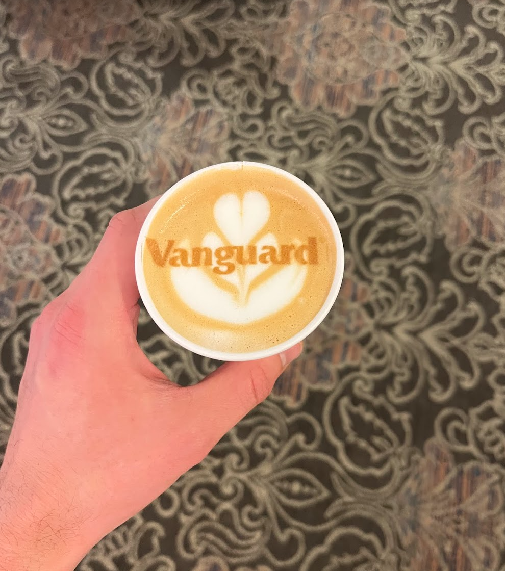 Custom printed Vanguard logo on a handcrafted latte