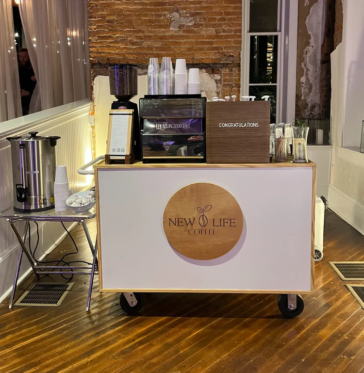 New Life Coffee Company espresso cart set up inside a historic Lancaster wedding venue