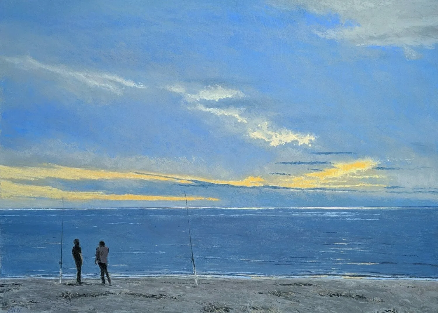 Best Landscape Painting, Drew Scarpa "Waiting" “This piece makes terrific use of the zigzag composition so very present in skyscapes.  The figures weighted at the bottom left are juxtaposed with the energy of the light pattern at the bottom of the ar