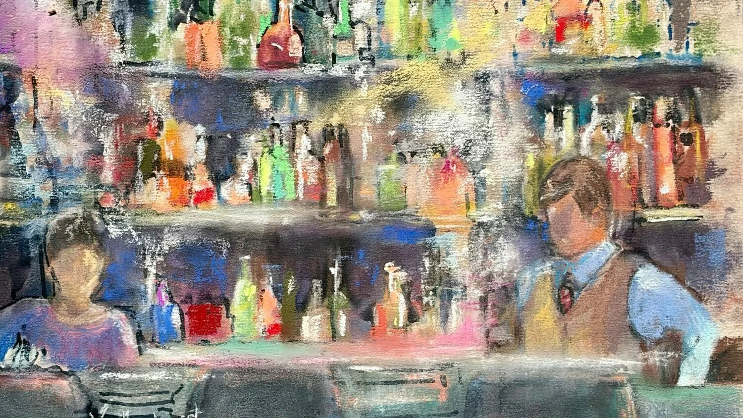 Third Place Award, Pamala Wallenhurst "Closing Time" “This small but mighty piece is fun, original, and inventive!  The color and mark-making evoke the clamoring of sound.  Looking deeper into the piece, one can see linear marks intermittently reveal