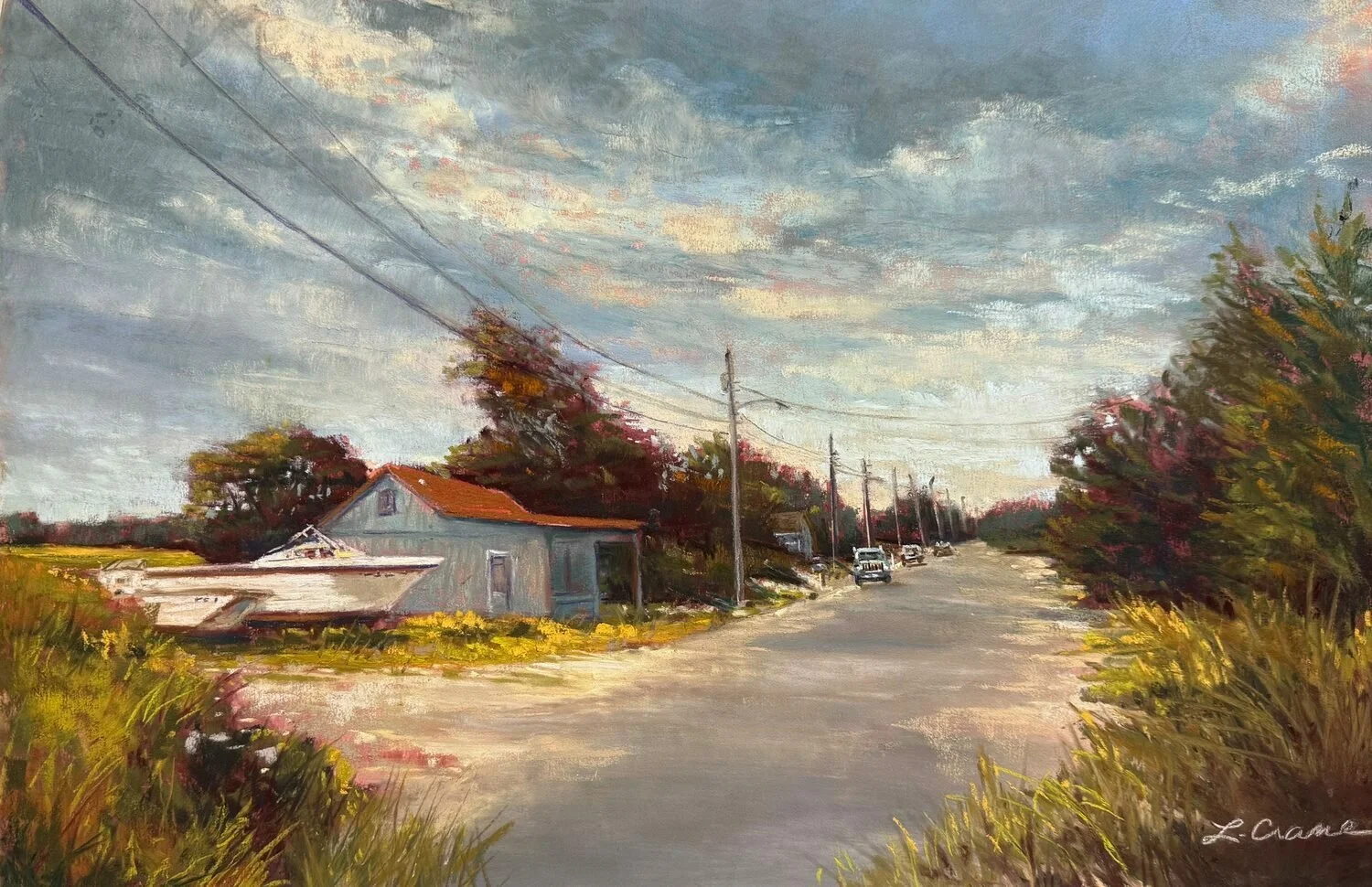 Honorable Mention, Linda Crane "Bayside Retreat" “This is a painterly approach to a pastel that has beautiful drawing effects as well.  The artist has skillfully rendered the perspective while effectively using continuous U-shaped forms to tie in the