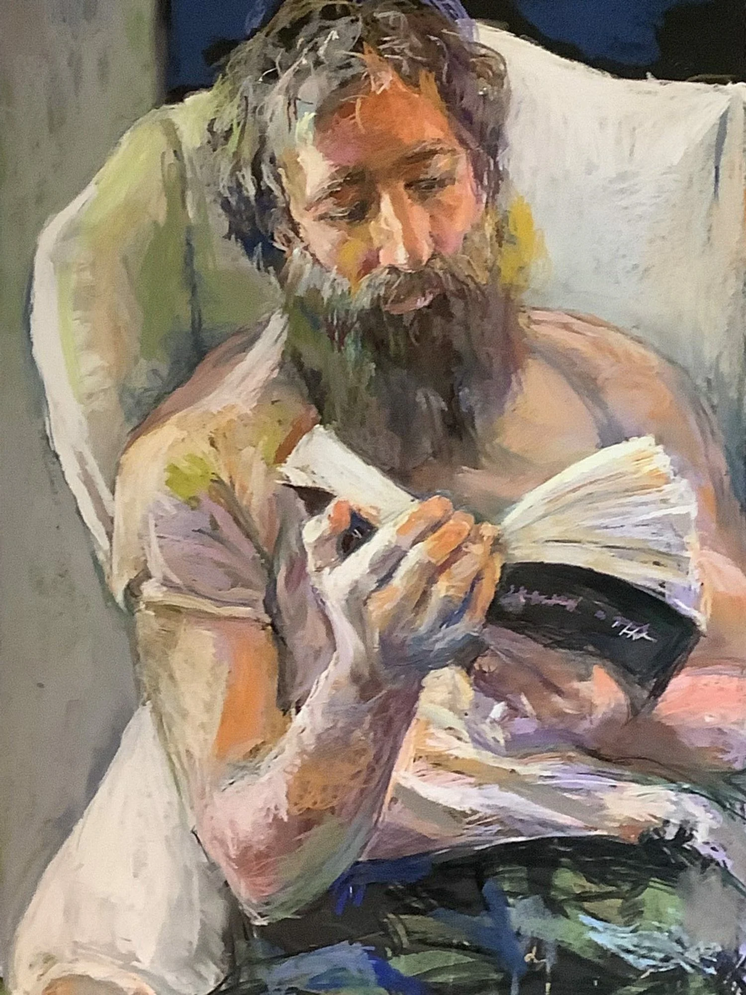 Best Figurative Painting, Teresa DeSeve "In His Realm" “I enjoy the expressive way this painting is done.  It is an ambitious life-sized figure that feels natural.  The sensitivity to light through color is luminous.”